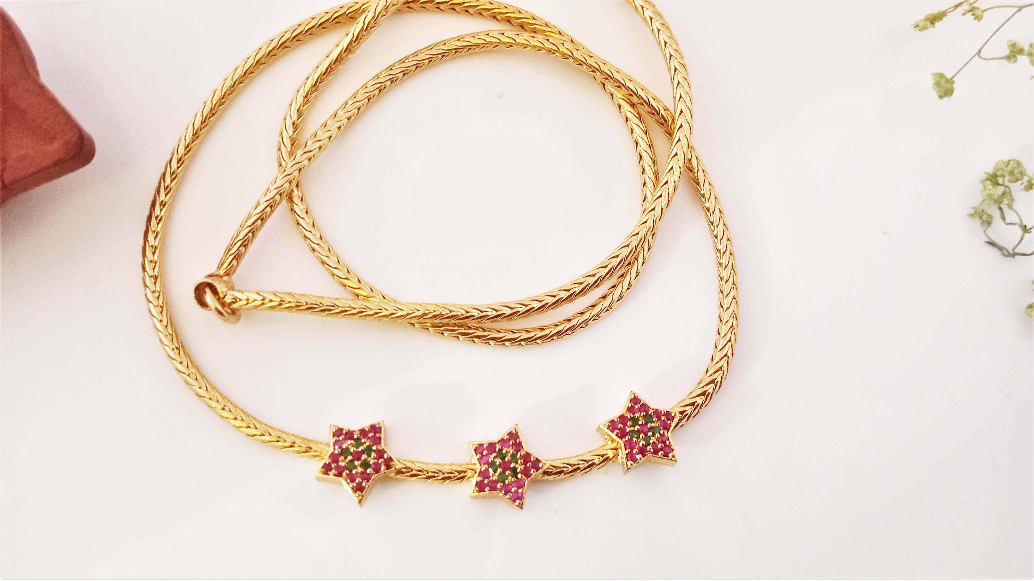 Diyas 24"(60cm) Mugappu Chain  Expertly Gold plated & adorned with stunning American Diamond Stones Star Green & Ruby