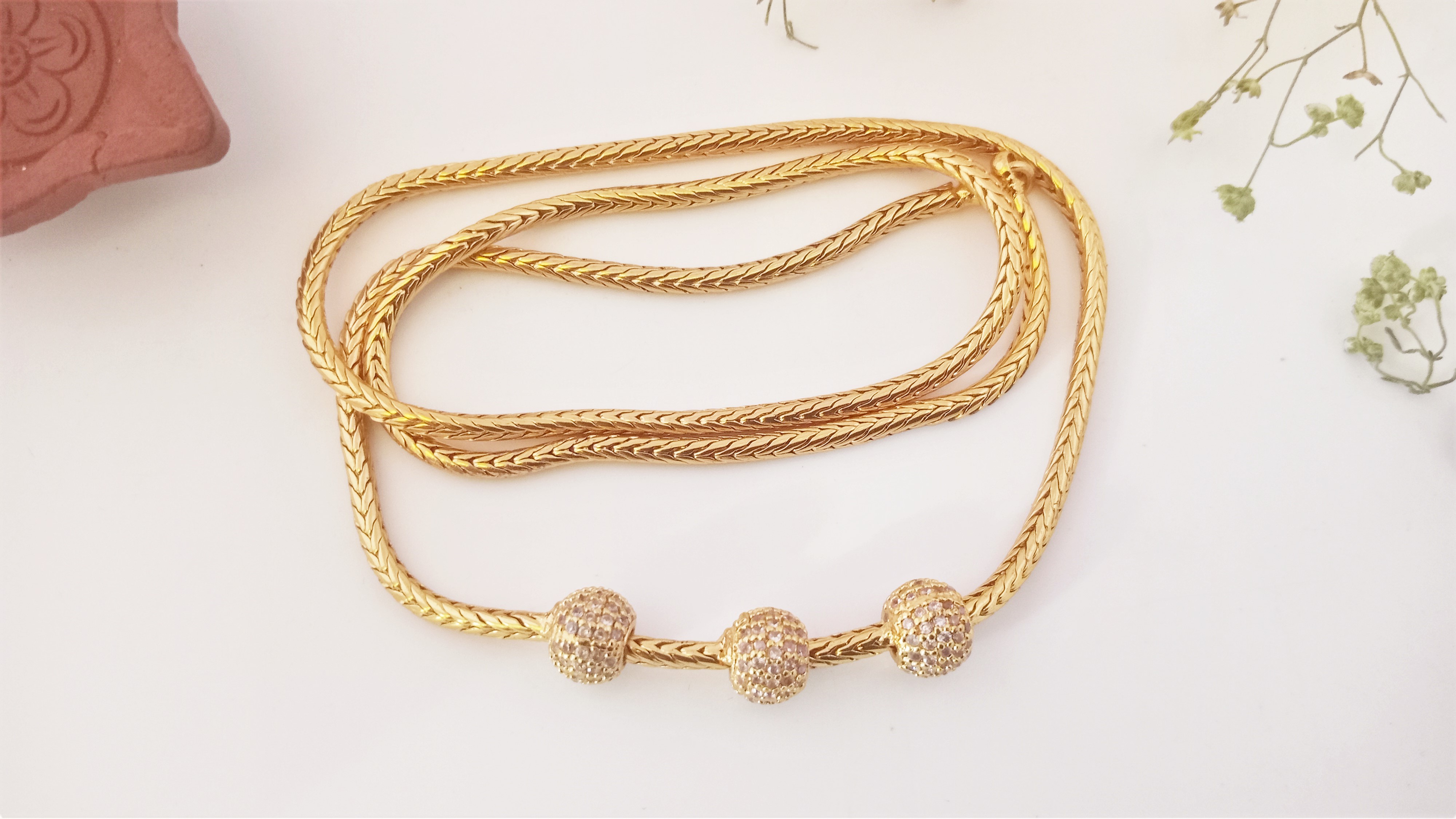 Diyas 24"(60cm) Mugappu Chain  Expertly Gold plated & adorned with stunning American Diamond Stones(White)