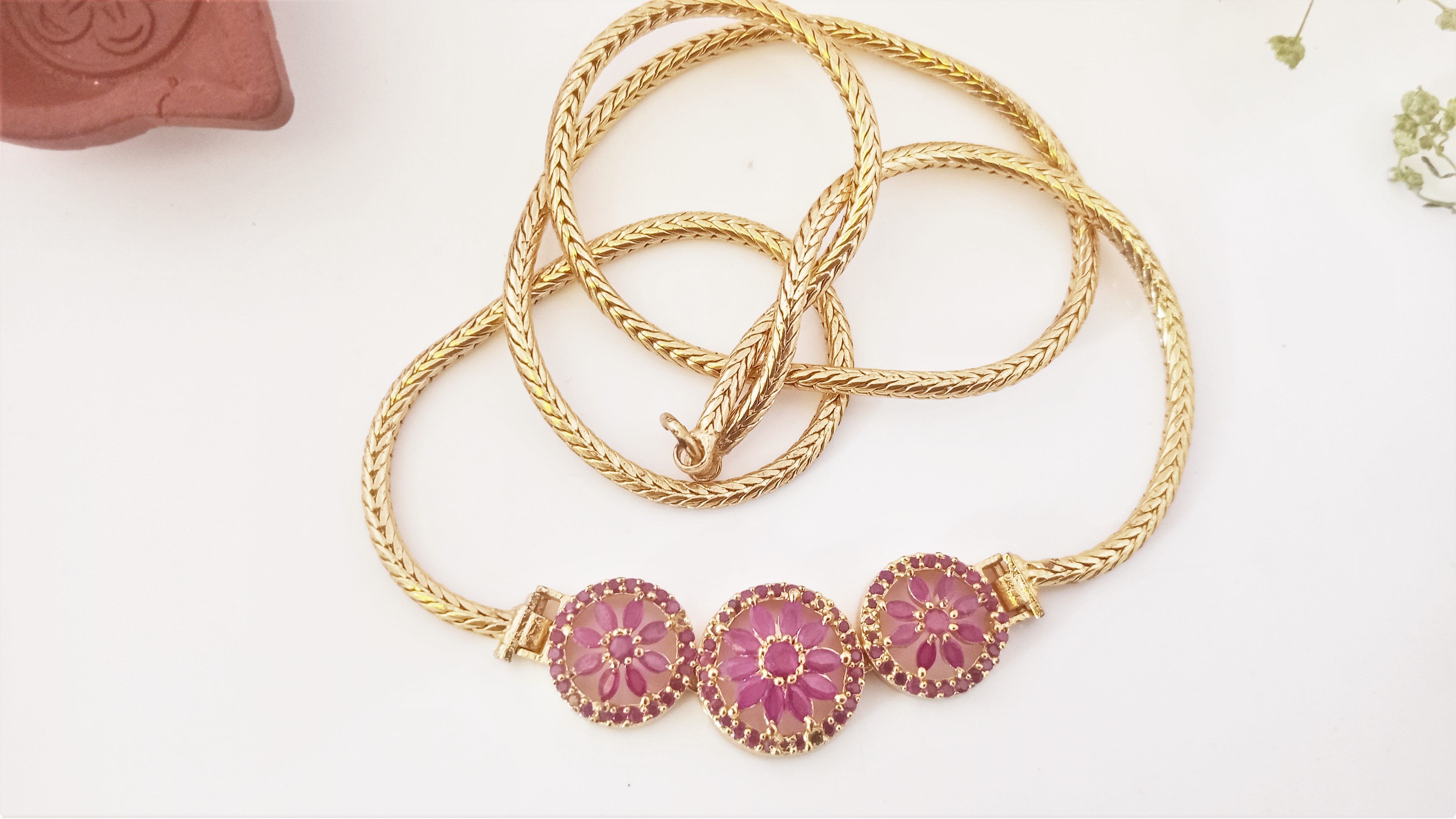 Diyas 24"(60cm) Mugappu Chain  Expertly Gold plated & adorned with stunning American Diamond Stones Flower Ruby