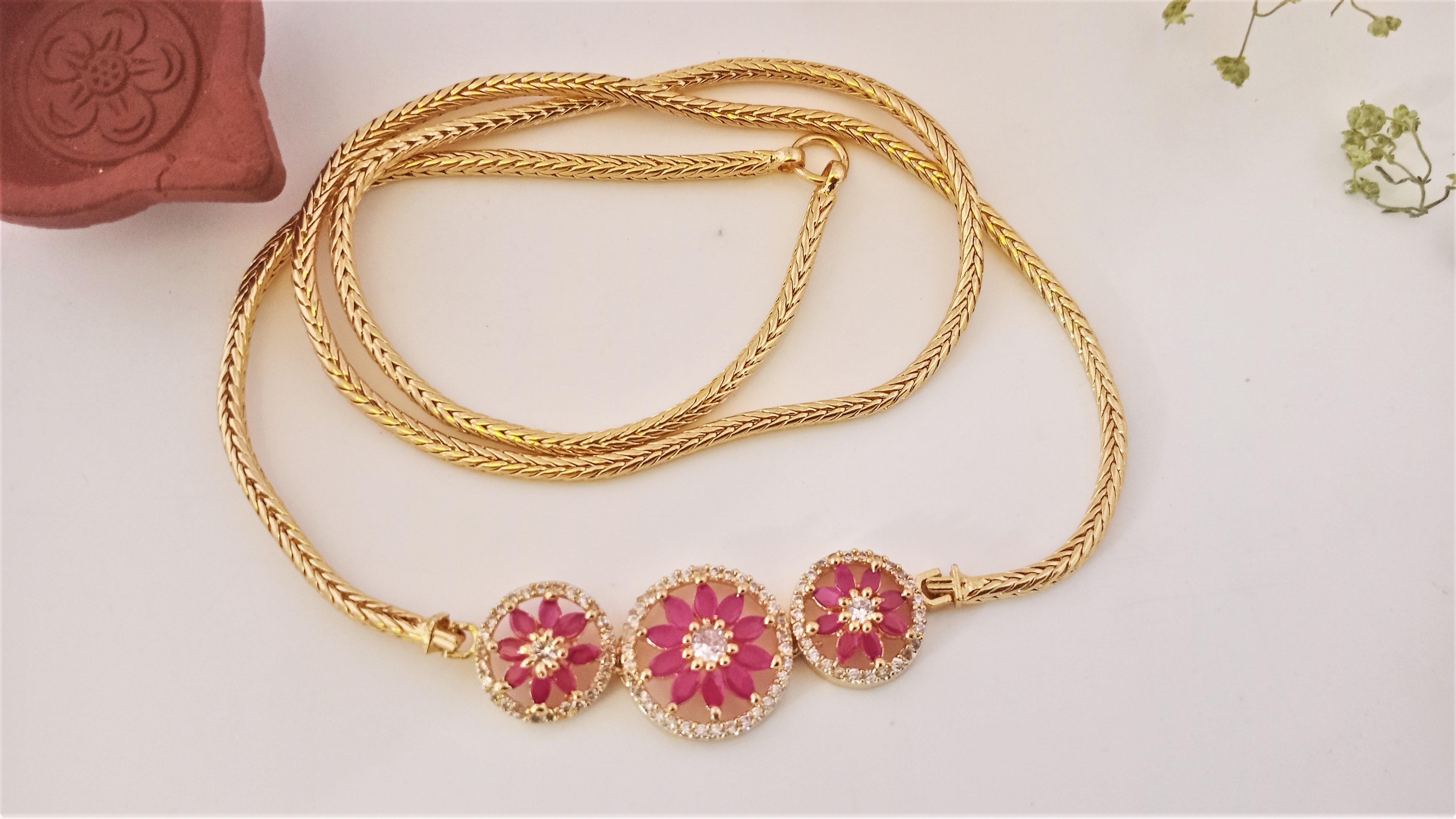 Diyas 24"(60cm) Mugappu Chain  Expertly Gold plated & adorned with stunning American Diamond Stones Flower White Ruby